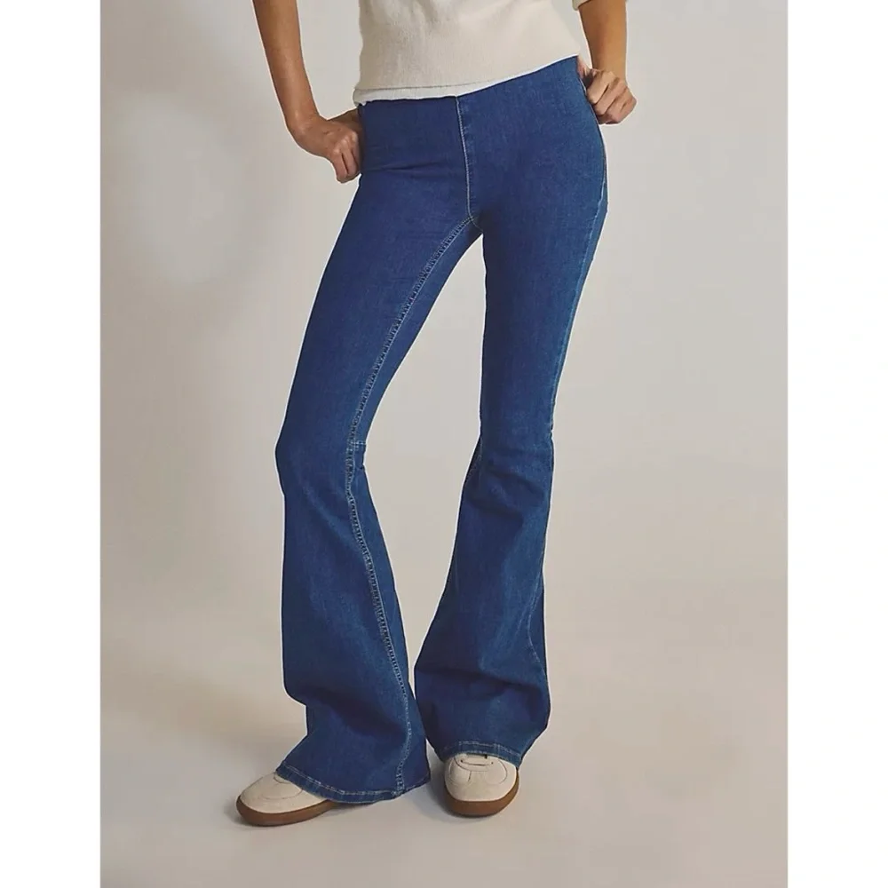 Free People Penny Pull On Jeans blue denim faded flare wide leg stretchy